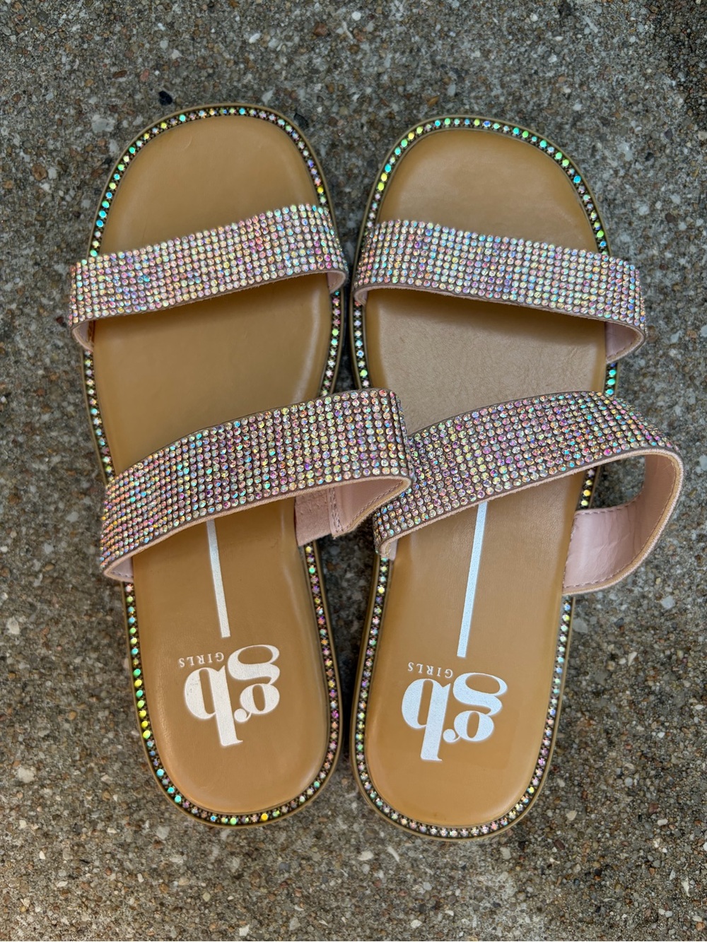 Never worn. GB girls Pink Iridescent Rhinestone Double-Strap Slide Sandals